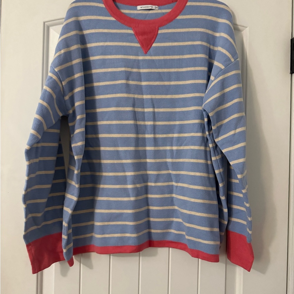 Striped Blue and White Sweater with Pink trim